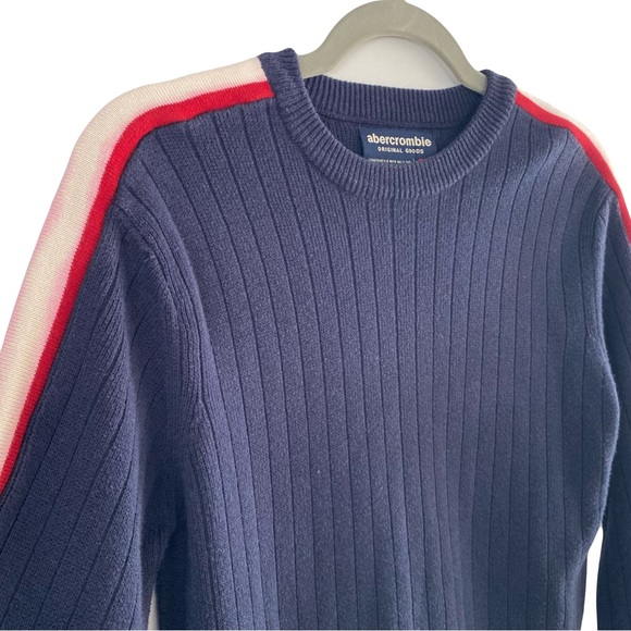 Abercrombie Vintage Navy Blue Heavy Knit Ribbed Logo Crewneck Sweater X-Large - Picture 1 of 5